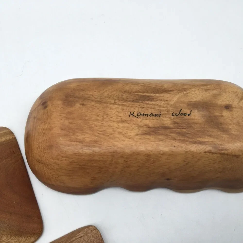 Vtg MCM 3 Hawaiian Kamani Carved Exotic Oblong Wood Bowls Scalloped 9” Divided